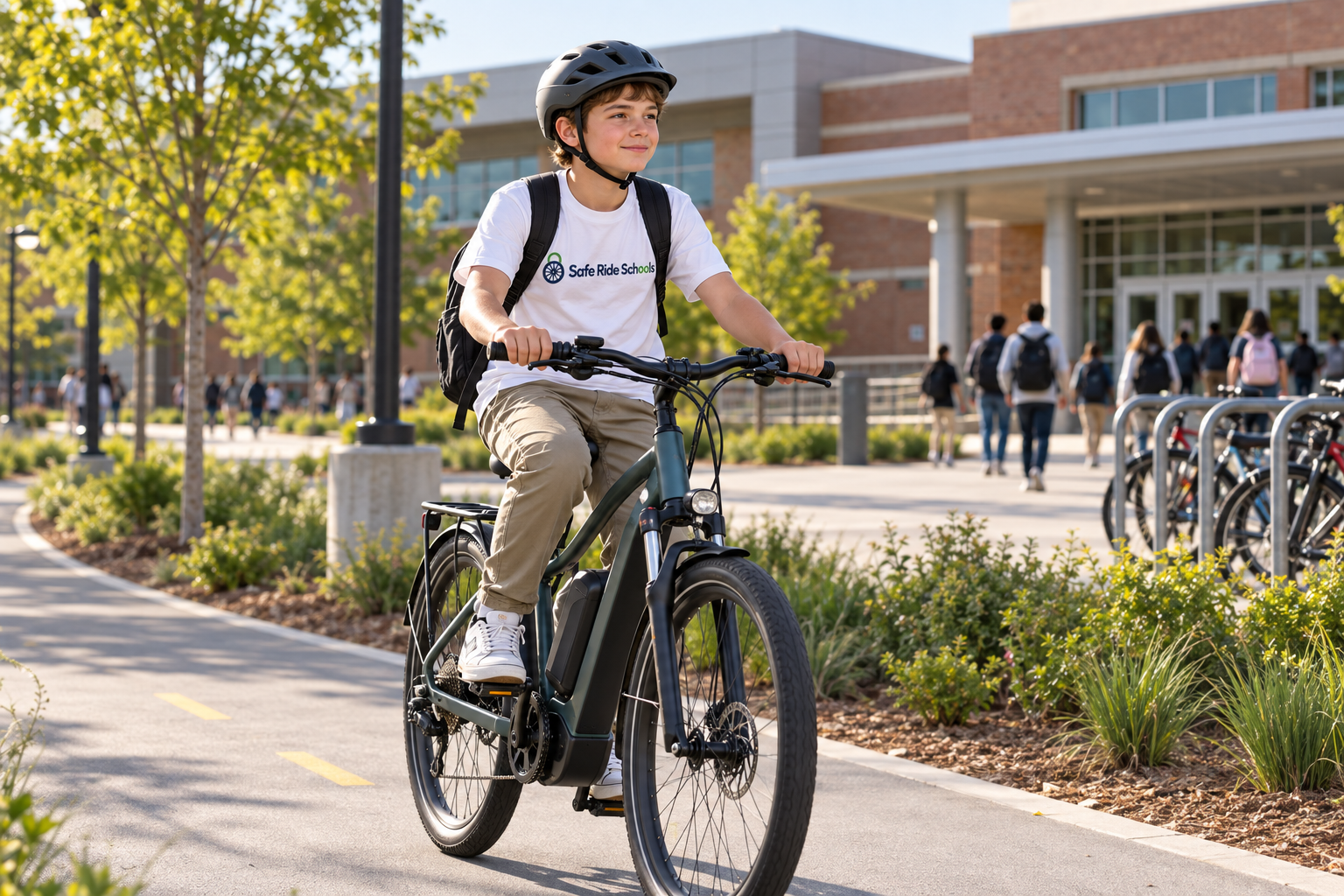 Middle school student wearing a helmet riding an e-bike along a path beside a school campus