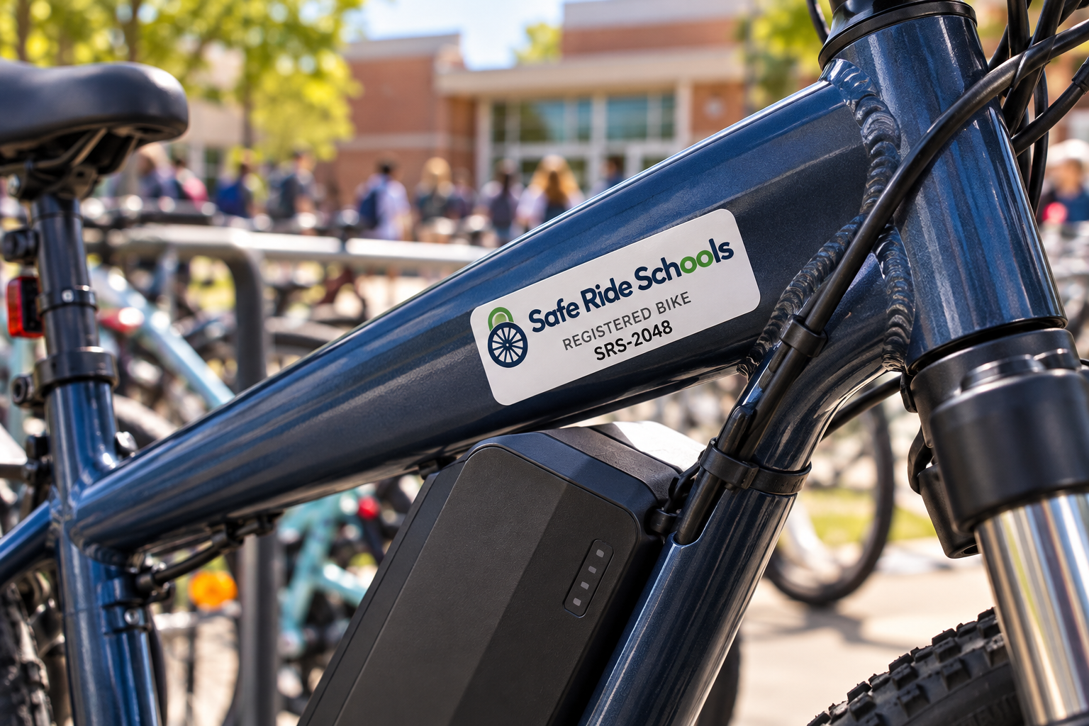 Student e-bike at a school rack with a Safe Ride School registered bike sticker