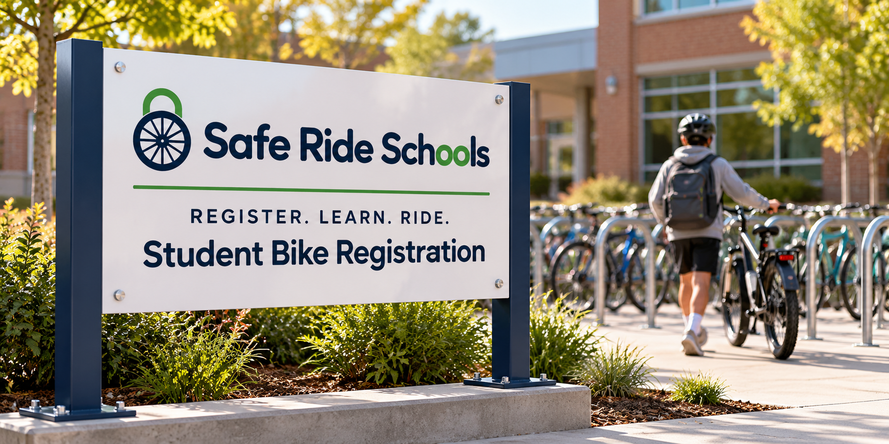 Safe Ride School student bike registration sign in front of a school with a bike rack behind