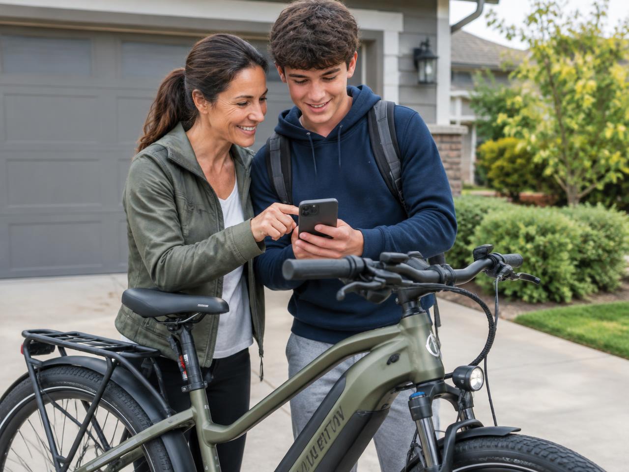 Parent and teen reviewing a phone together beside an e-bike